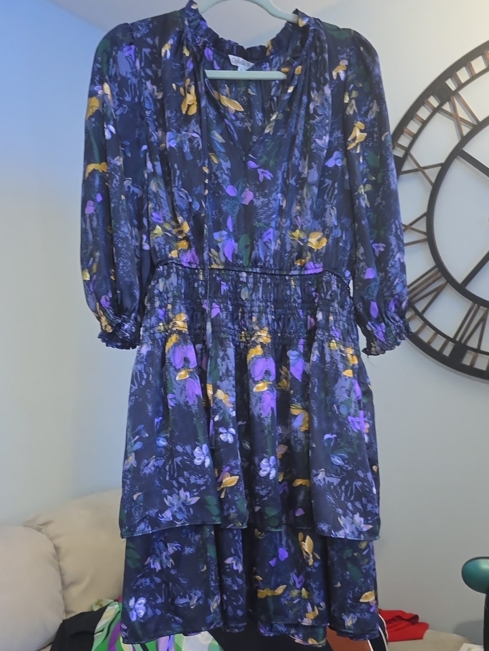Floral Tiered Long Sleeve Dress in Navy with Purple & Gold Accents